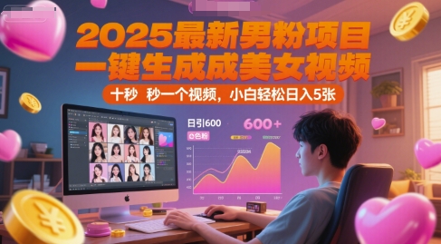 2025最新男粉项目，一键生成美女视频，日引600+色粉 十秒一个视频，小白轻松日入5张【揭秘】-逃离打工