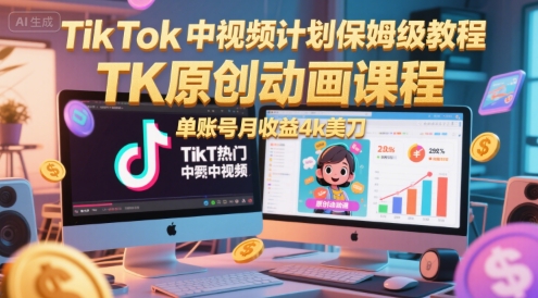 TikTok中视频计划保姆级教程，TK原创动画课程，单账号月收益4k美刀-逃离打工
