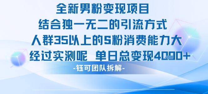 全新男粉变现项目引流人群35以上的男粉消费能力大 经过实测单日变现1k+-逃离打工