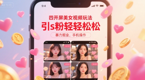 四开屏美女视频玩法，引s粉轻轻松松，暴力掘金，手机操作【揭秘】-逃离打工