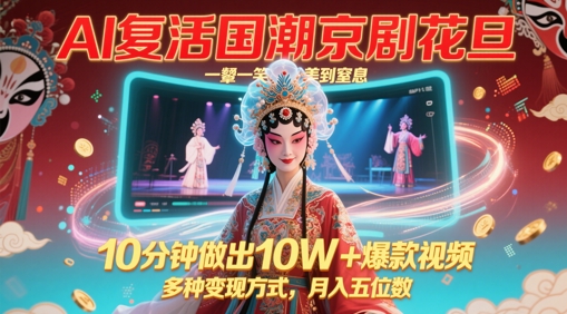 AI复活国潮京剧花旦，一颦一笑美到窒息，10分钟做出10W+爆款视频，多种变现方式，月入五位数-逃离打工