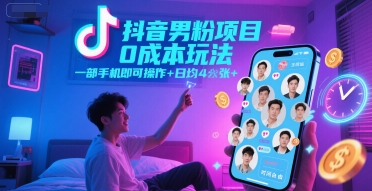 抖音男粉项目0成本玩法，一部手机即可操作，日均4张+，时间自由-逃离打工