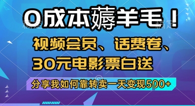 0成本薅羊毛!视频会员、话费卷、30元电影票白送，分享我如何靠转卖一天变现5张+【揭秘】-逃离打工