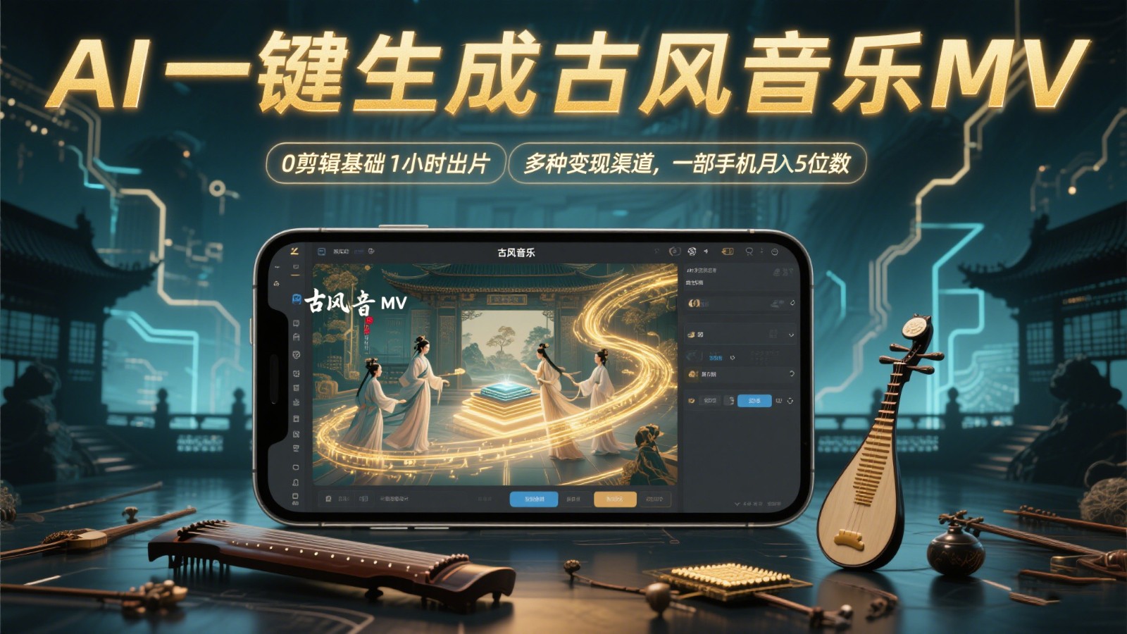 AI一键生成古风音乐MV，0剪辑基础1小时出片，多种变现渠道，一部手机月入5位数-逃离打工