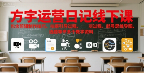 方宇运营日记线下课，包含剪辑制作技巧、拍摄引导过程、起号思维导图、选题等多个教学资料-逃离打工