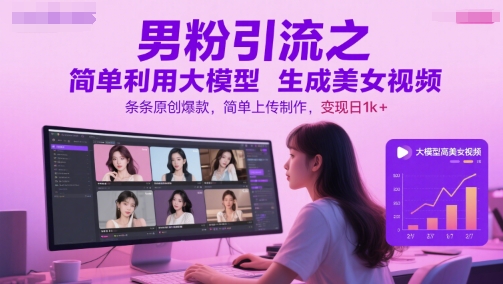 男粉引流之简单利用大模型生成美女视频，条条原创爆款，简单上传制作，变现日1k+-逃离打工