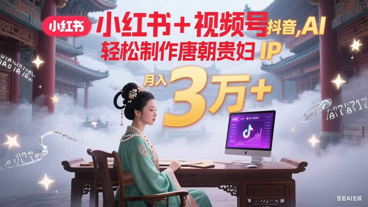 小红书+视频号+抖音，AI轻松制作唐朝贵妇IP，毒鸡汤、励志、减肥瘦身、养生赛道轻松切入，每天30分钟，轻松产出N条，月入3万+-逃离打工